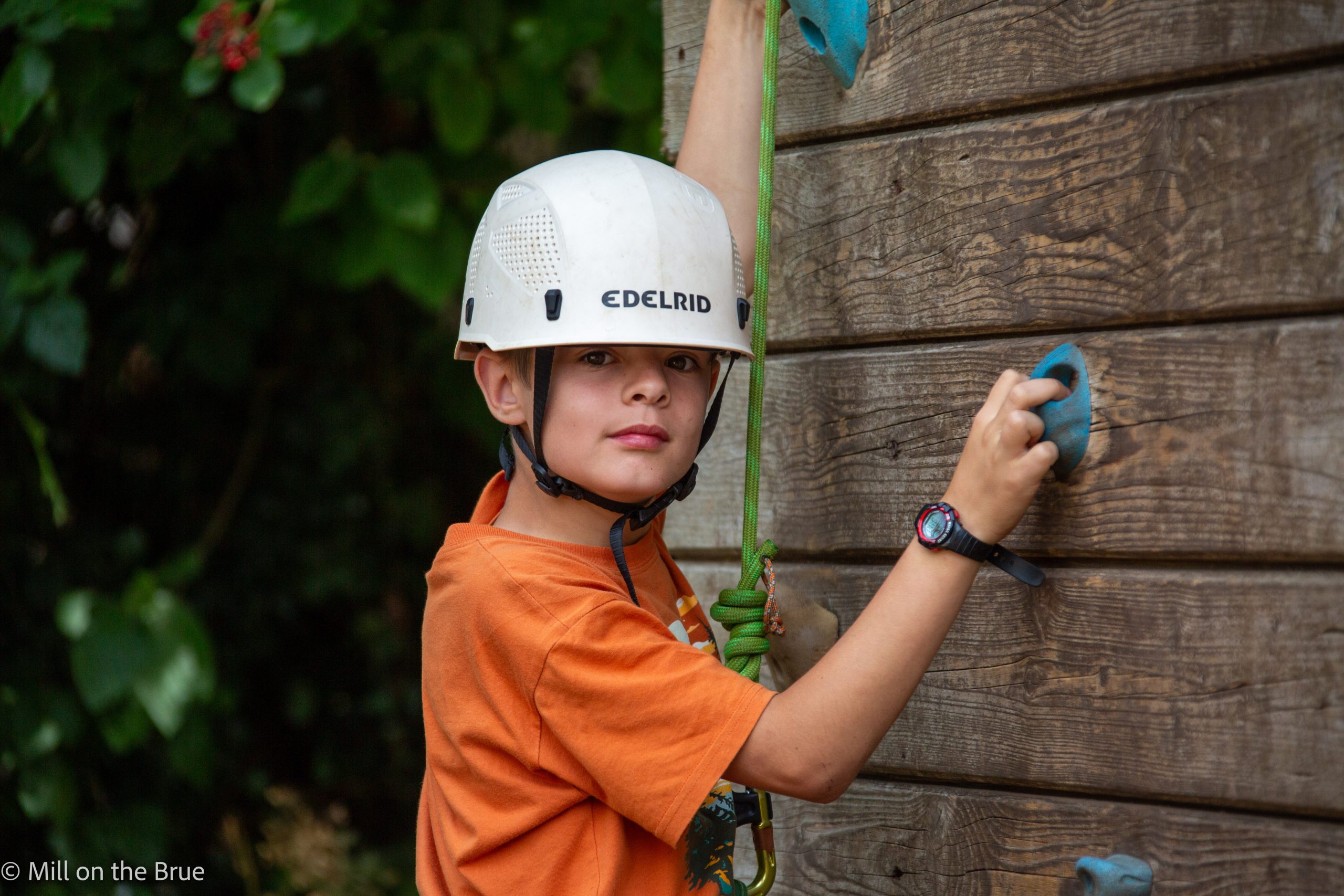 Child on a wooden climbing wall.