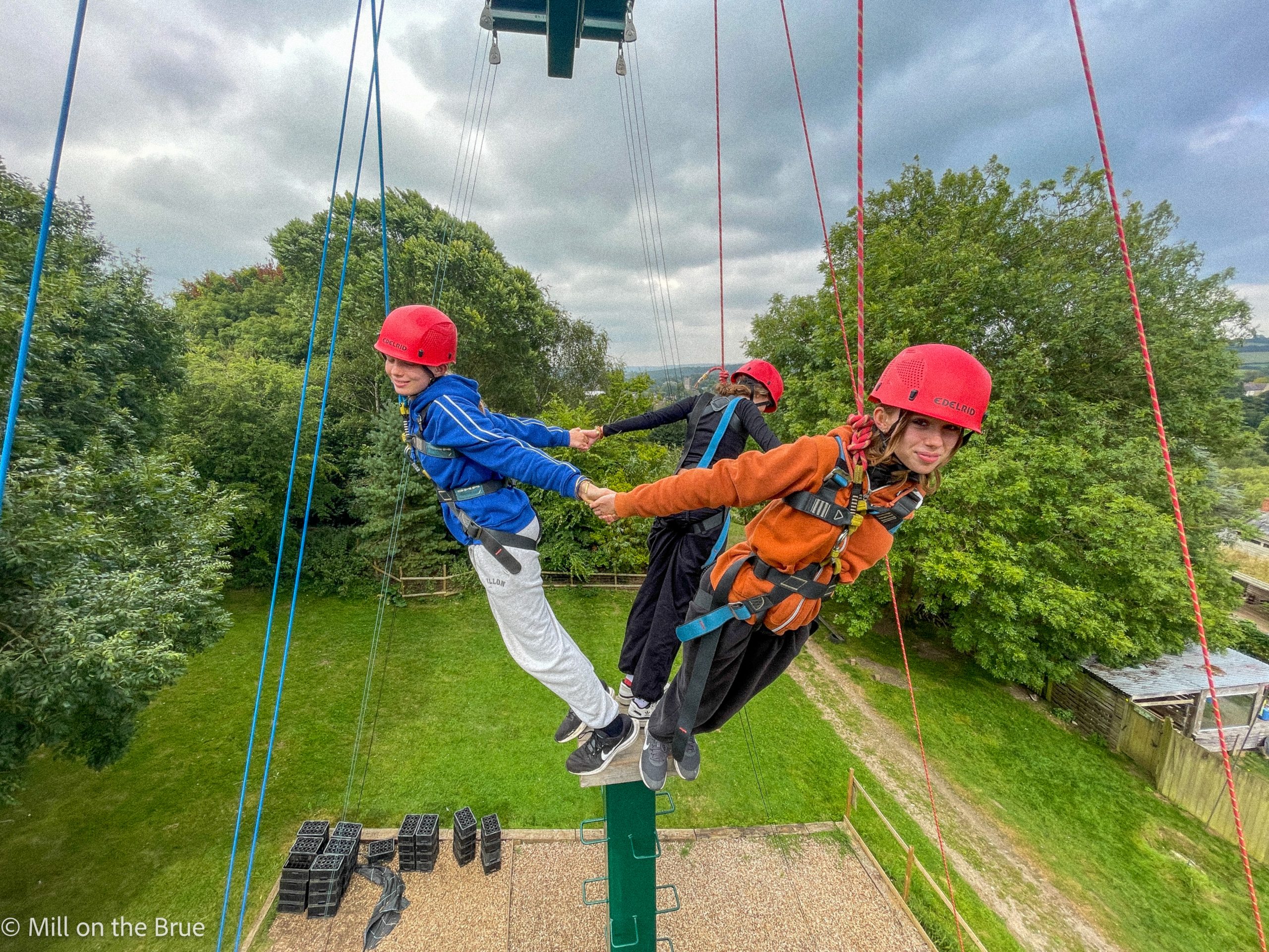 Students hold hands whilst suspended high in the air on ropes.
